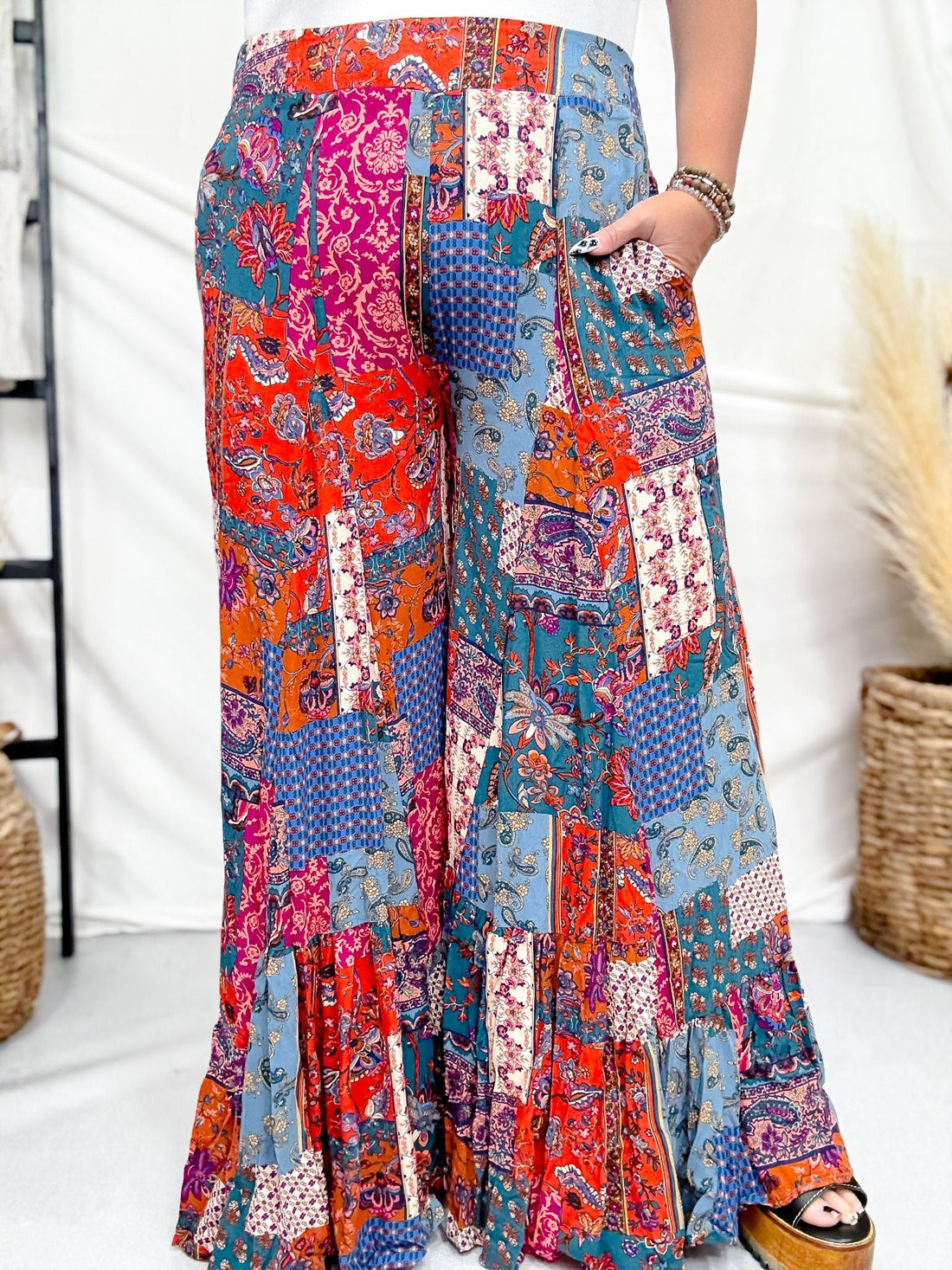 Rust & Teal Patchwork Palazzo Pants - Whiskey Skies - EASEL