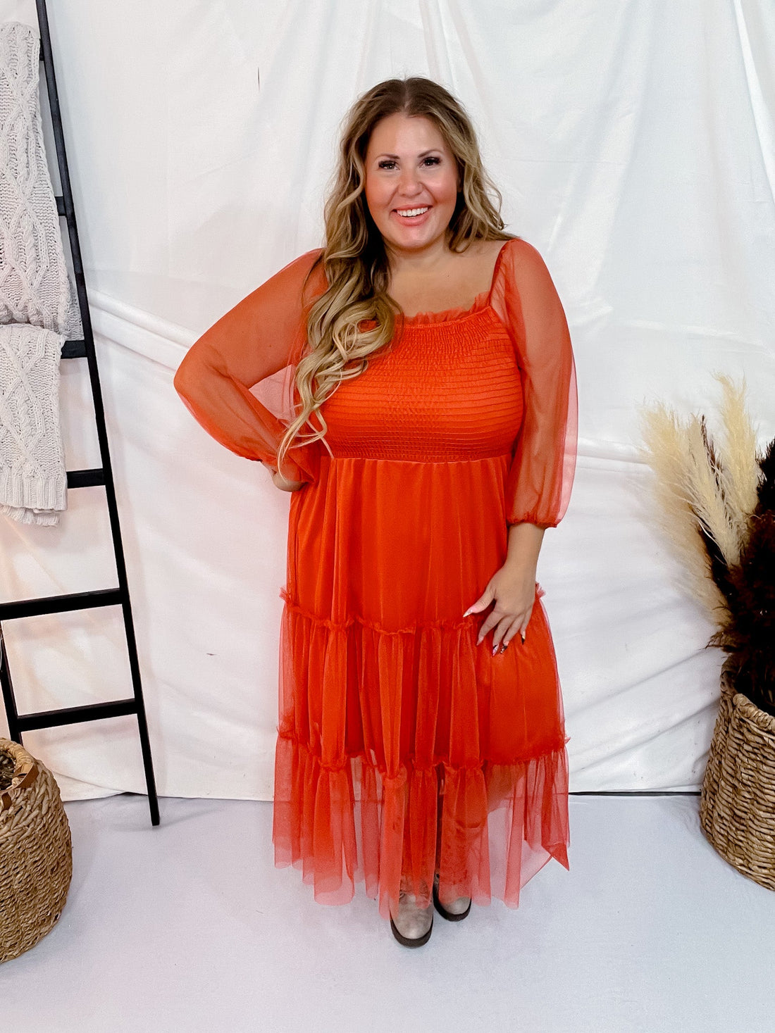 Rust Tiered Maxi Dress with Mesh - Whiskey Skies - GEEGEE