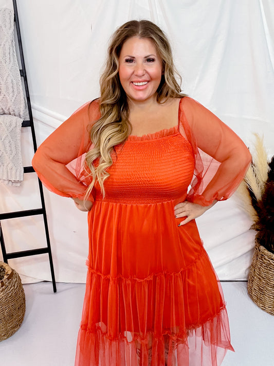 Rust Tiered Maxi Dress with Mesh - Whiskey Skies - GEEGEE