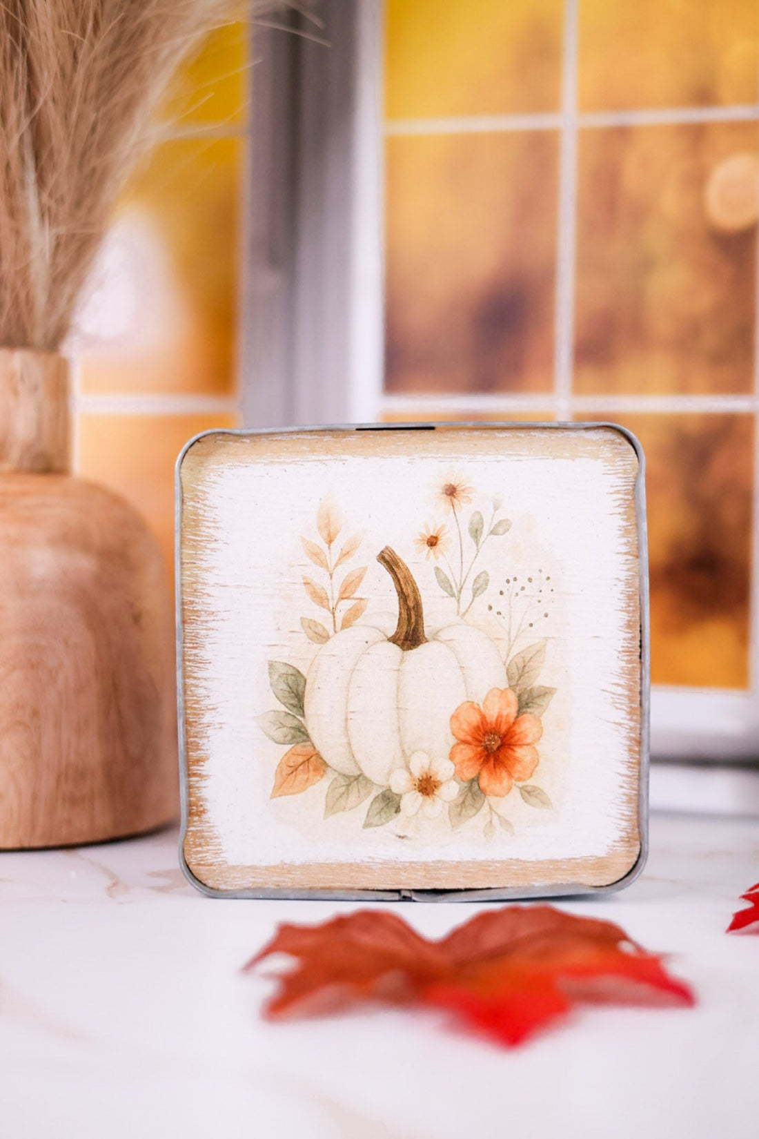 Rustic Metal Framed Pumpkin Print Wood Blocks (2 Styles) - Whiskey Skies - WT COLLECTION