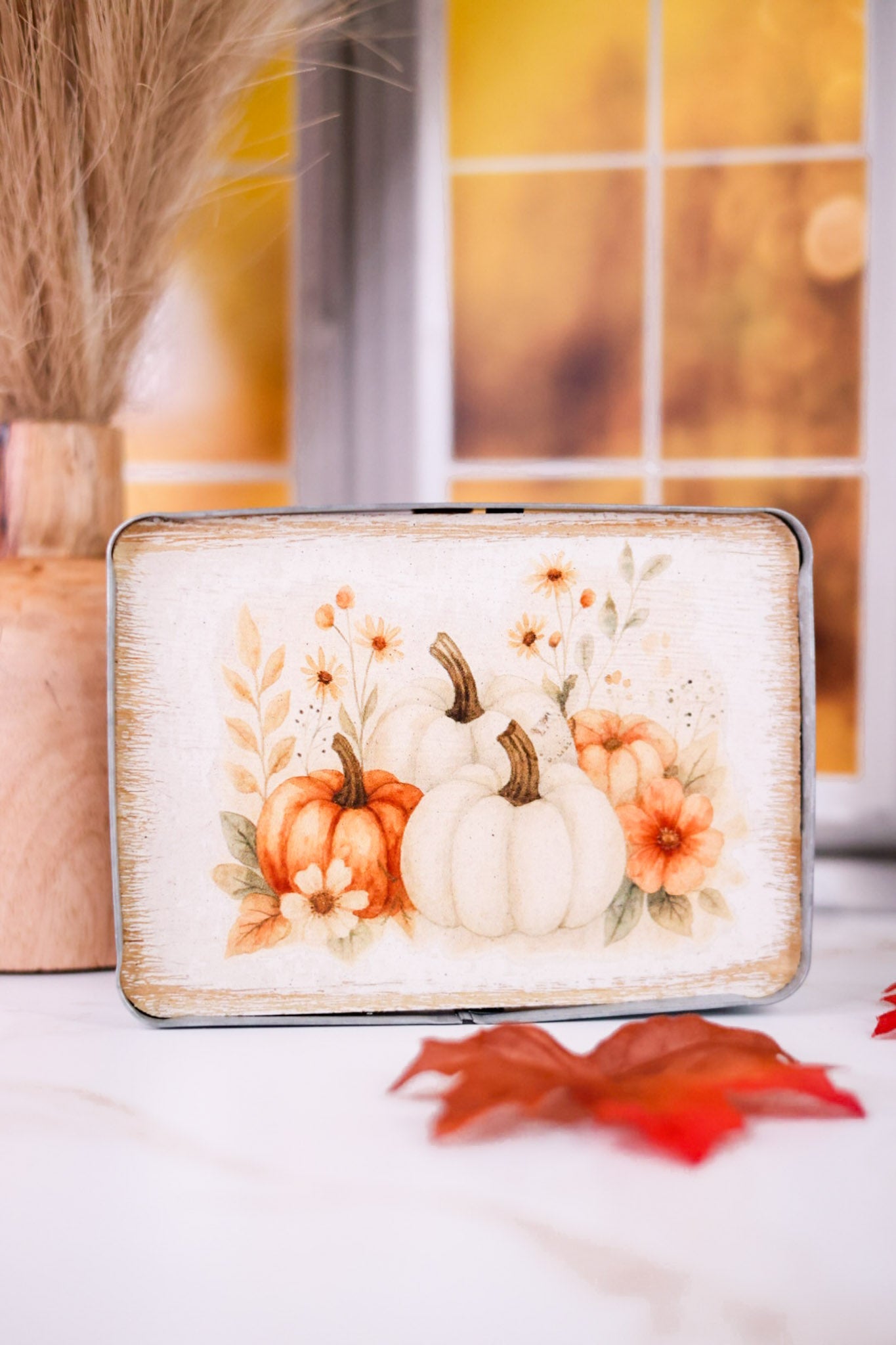 Rustic Metal Framed Pumpkin Print Wood Blocks (2 Styles) - Whiskey Skies - WT COLLECTION