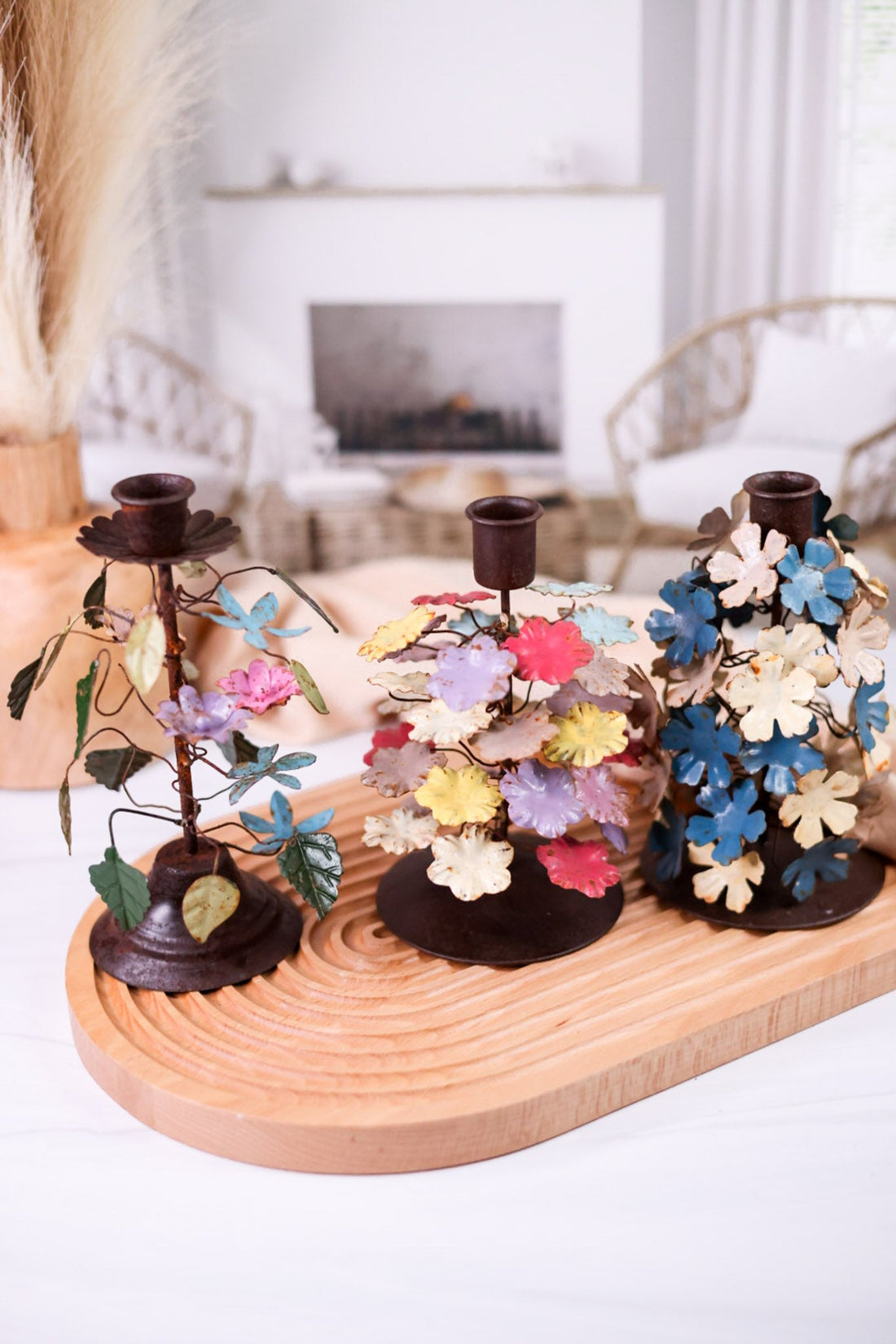 Rustic Multicolored Painted Metal Floral Candleholders (3 Styles) - Whiskey Skies - 180 DEGREES