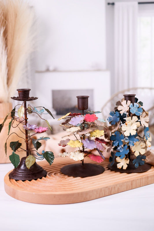 Rustic Multicolored Painted Metal Floral Candleholders (3 Styles) - Whiskey Skies - 180 DEGREES