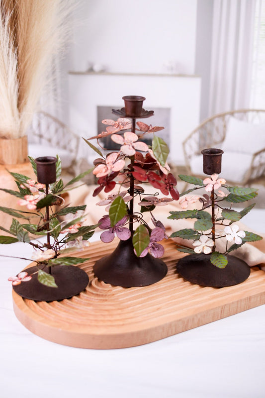 Rustic Painted Metal Pink Floral Candleholders (3 Styles) - Whiskey Skies - 180 DEGREES