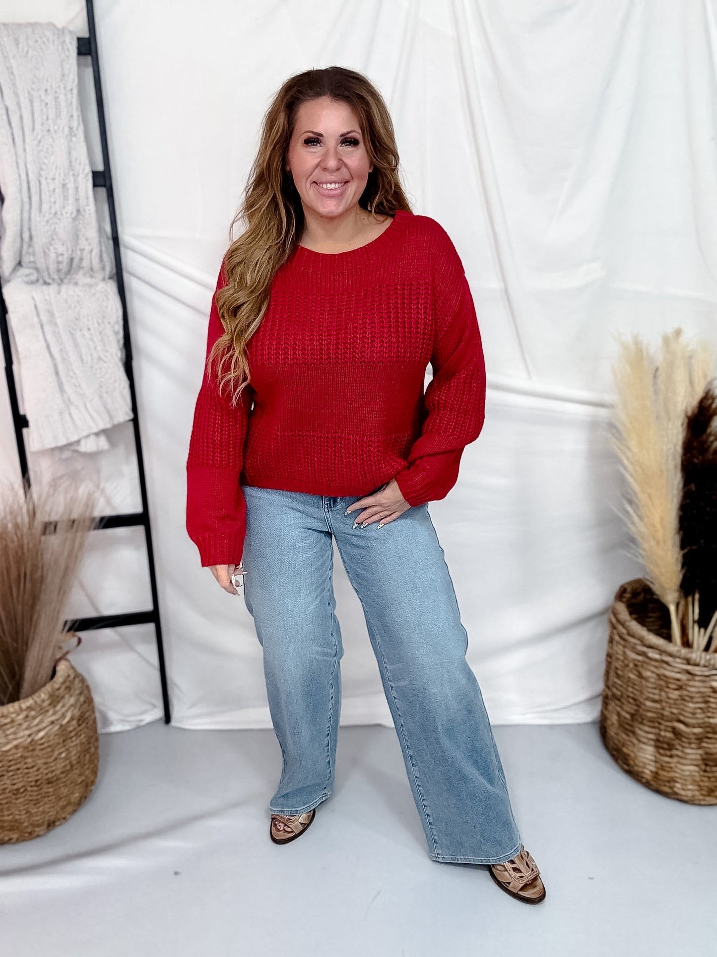 Rustic Red Boatneck Raised Contrast Knit Sweater - Whiskey Skies - COZY CO