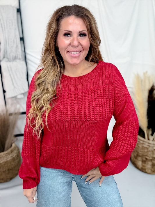 Rustic Red Boatneck Raised Contrast Knit Sweater - Whiskey Skies - COZY CO