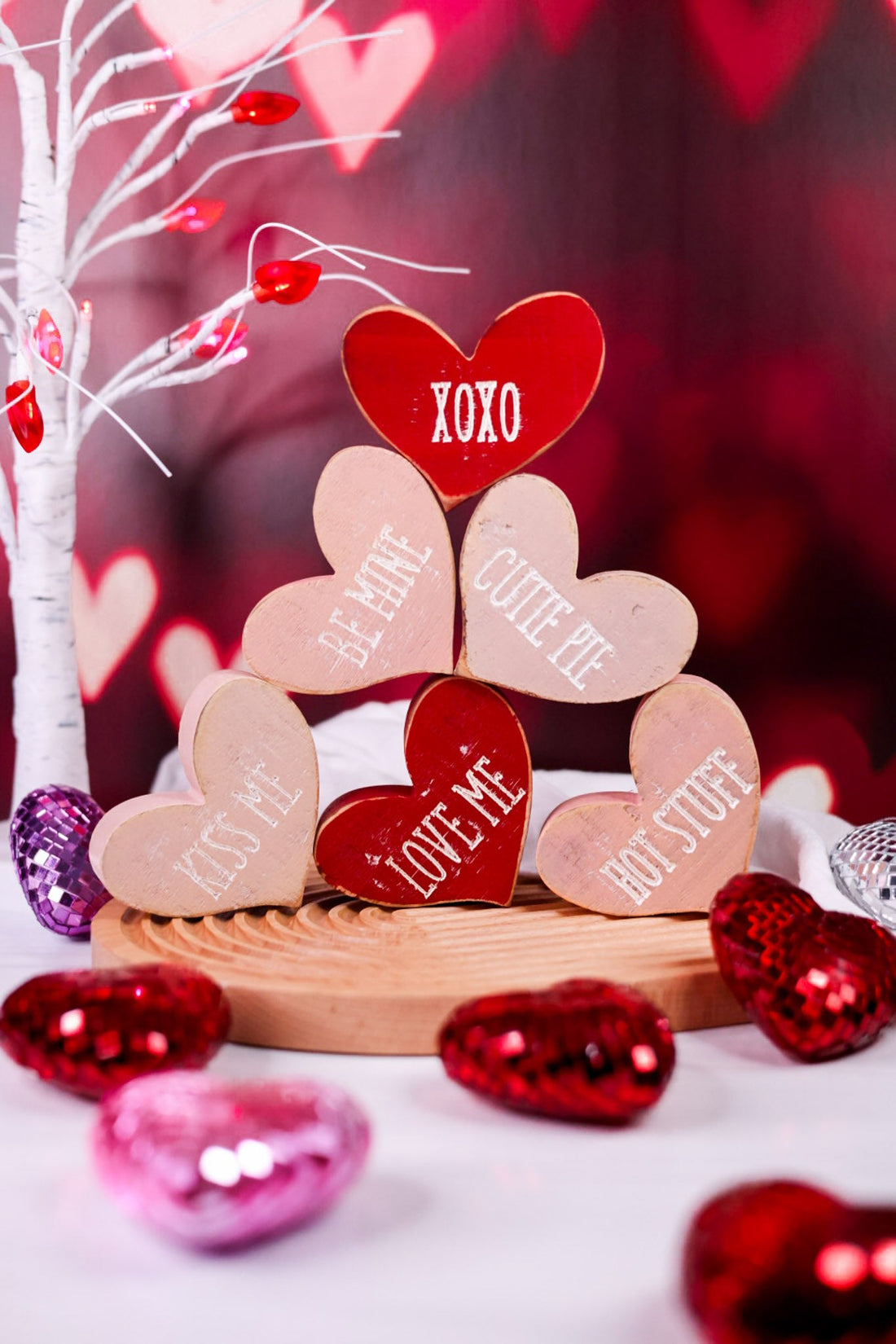 Rustic Red & Pink Wooden Conversation Heart Blocks (6 Styles) - Whiskey Skies - WT COLLECTION