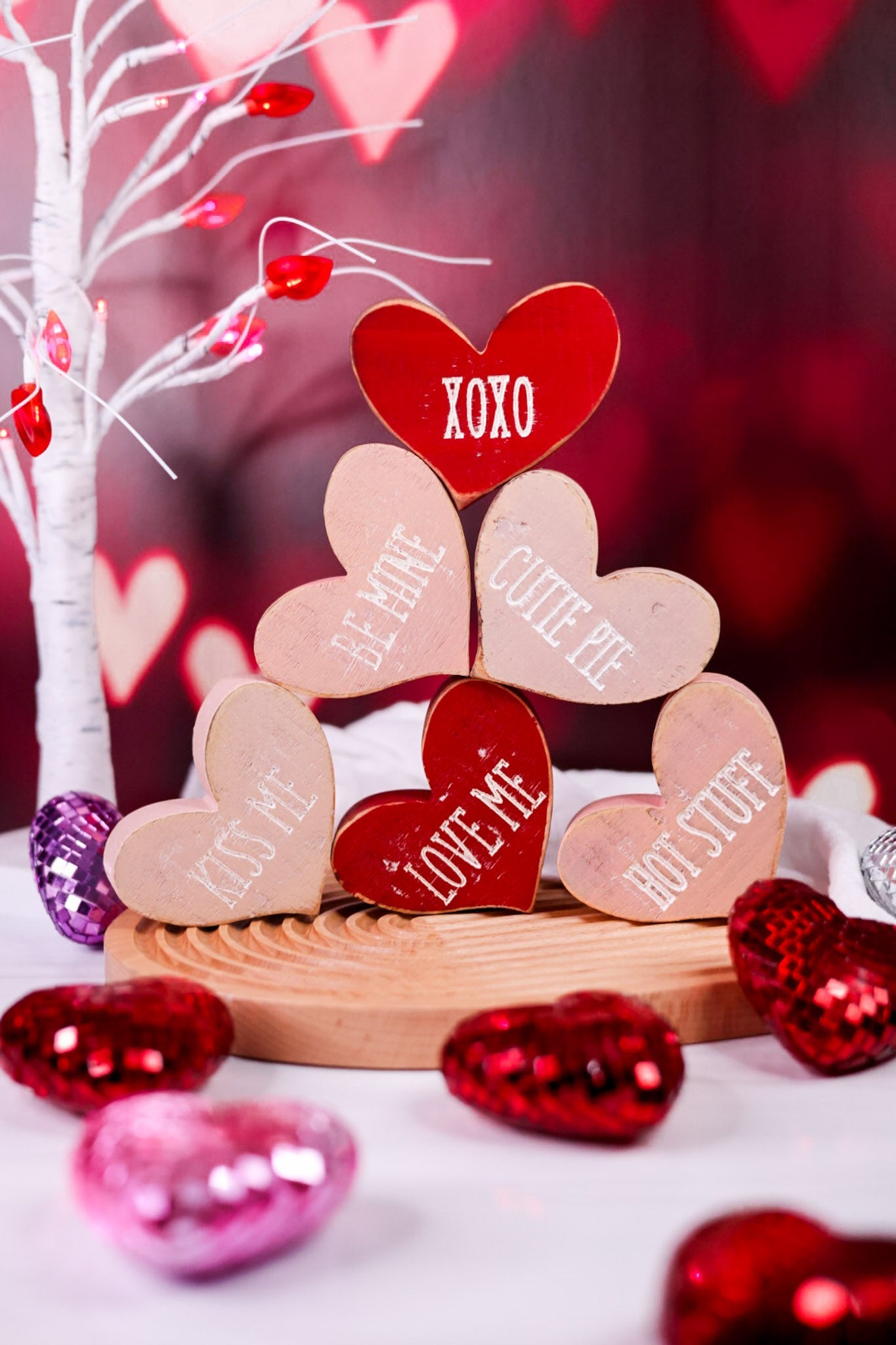 Rustic Red & Pink Wooden Conversation Heart Blocks (6 Styles) - Whiskey Skies - WT COLLECTION