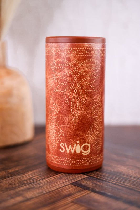 Saddle Stitch Cognac 12oz Skinny Can Cooler - Whiskey Skies - SWIG LIFE