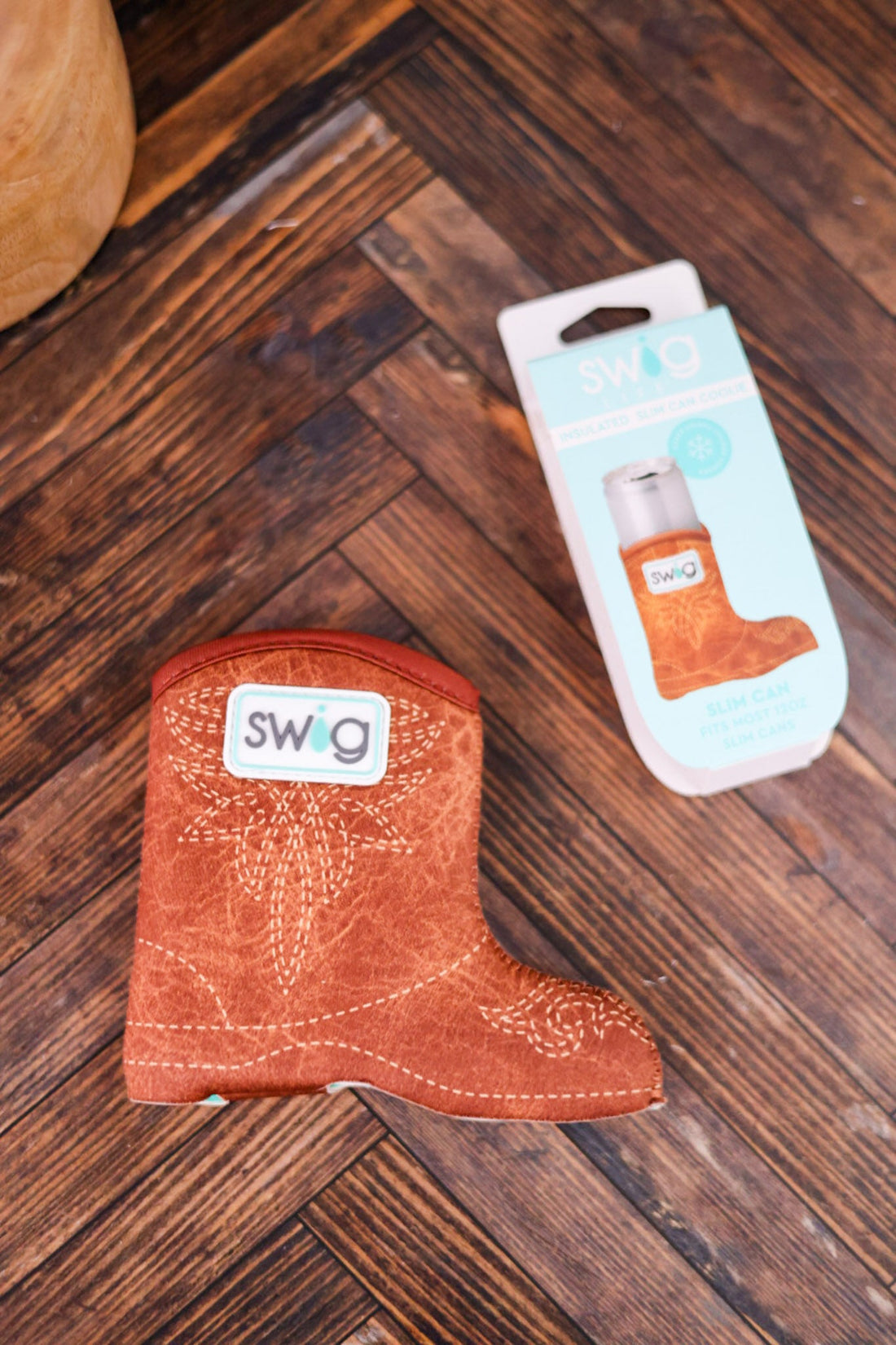 Saddle Stitch Cognac Slim Can Coolie - Whiskey Skies - SWIG LIFE