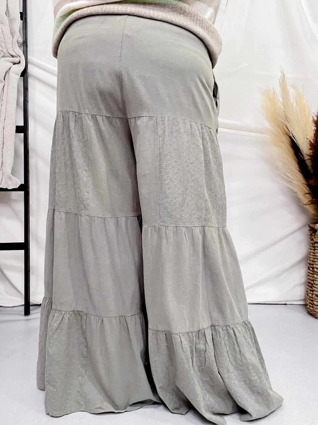 Sage Acid Wash Tired Palazzo Pants - Whiskey Skies - ODDI