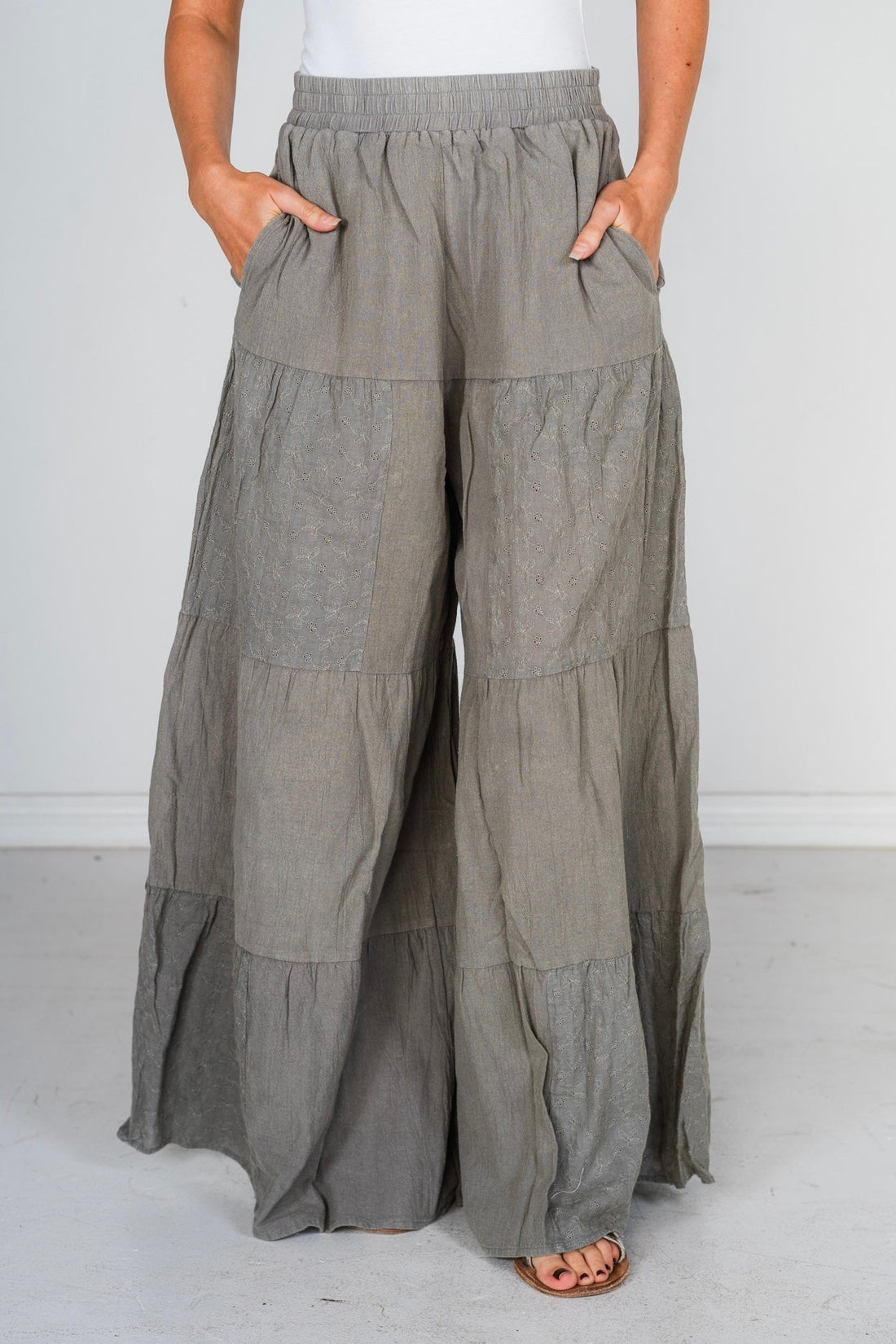 Sage Acid Wash Tired Palazzo Pants - Whiskey Skies - ODDI