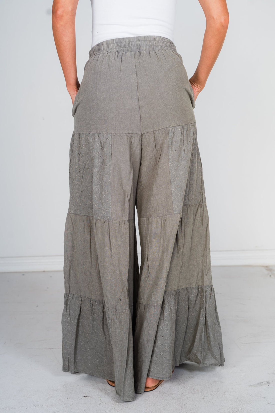 Sage Acid Wash Tired Palazzo Pants - Whiskey Skies - ODDI