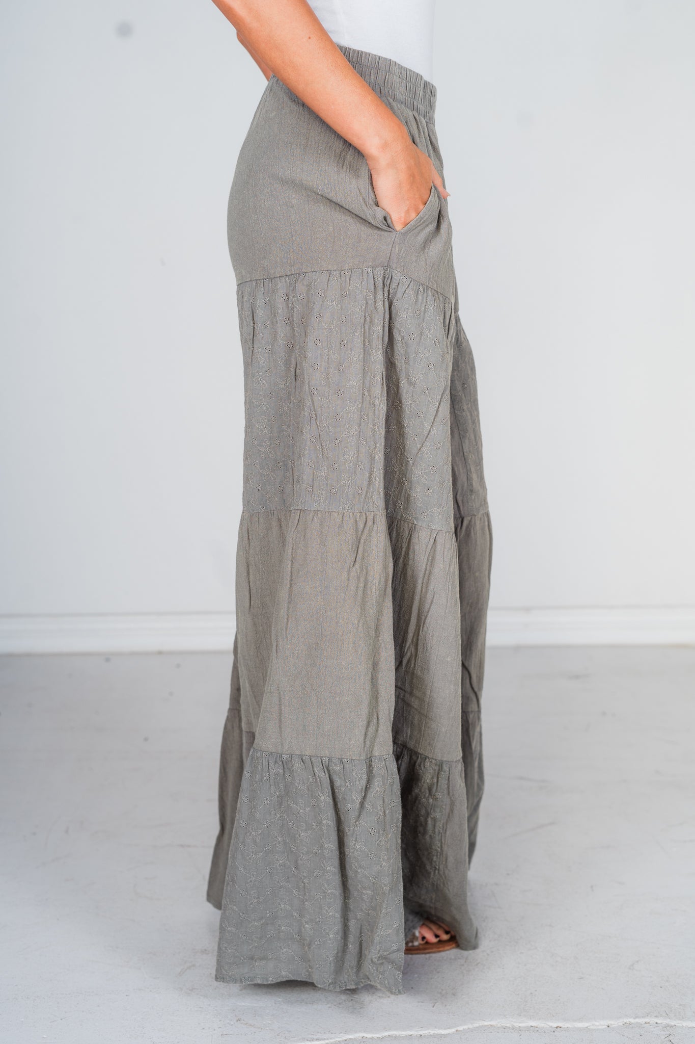 Sage Acid Wash Tired Palazzo Pants - Whiskey Skies - ODDI