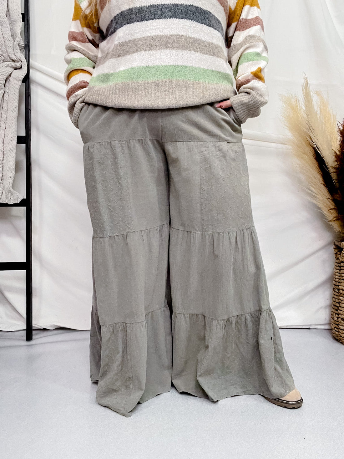 Sage Acid Wash Tired Palazzo Pants - Whiskey Skies - ODDI