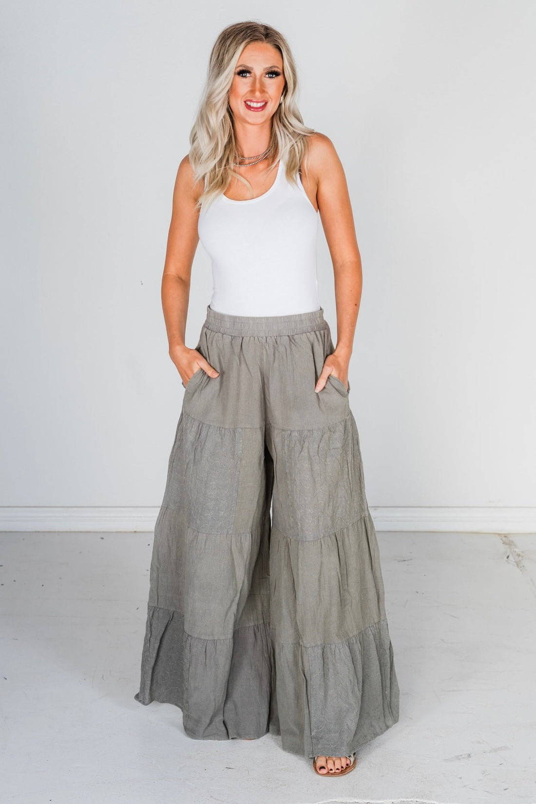 Sage Acid Wash Tired Palazzo Pants - Whiskey Skies - ODDI