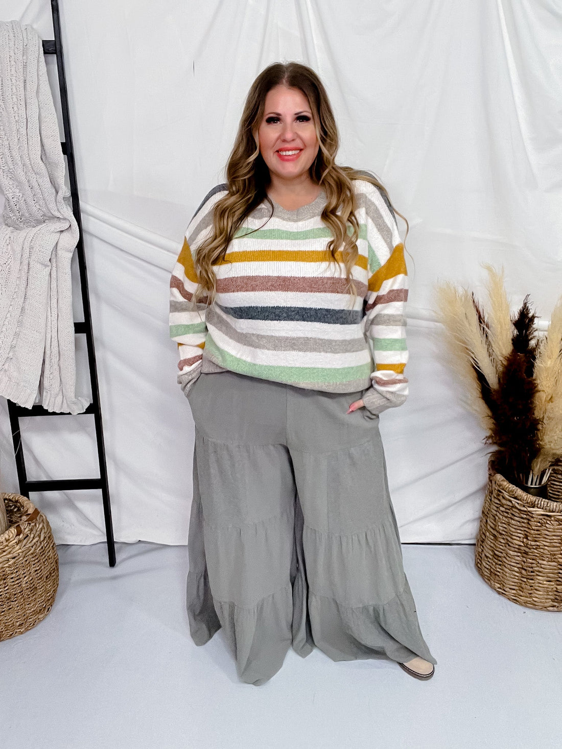 Sage Acid Wash Tired Palazzo Pants - Whiskey Skies - ODDI