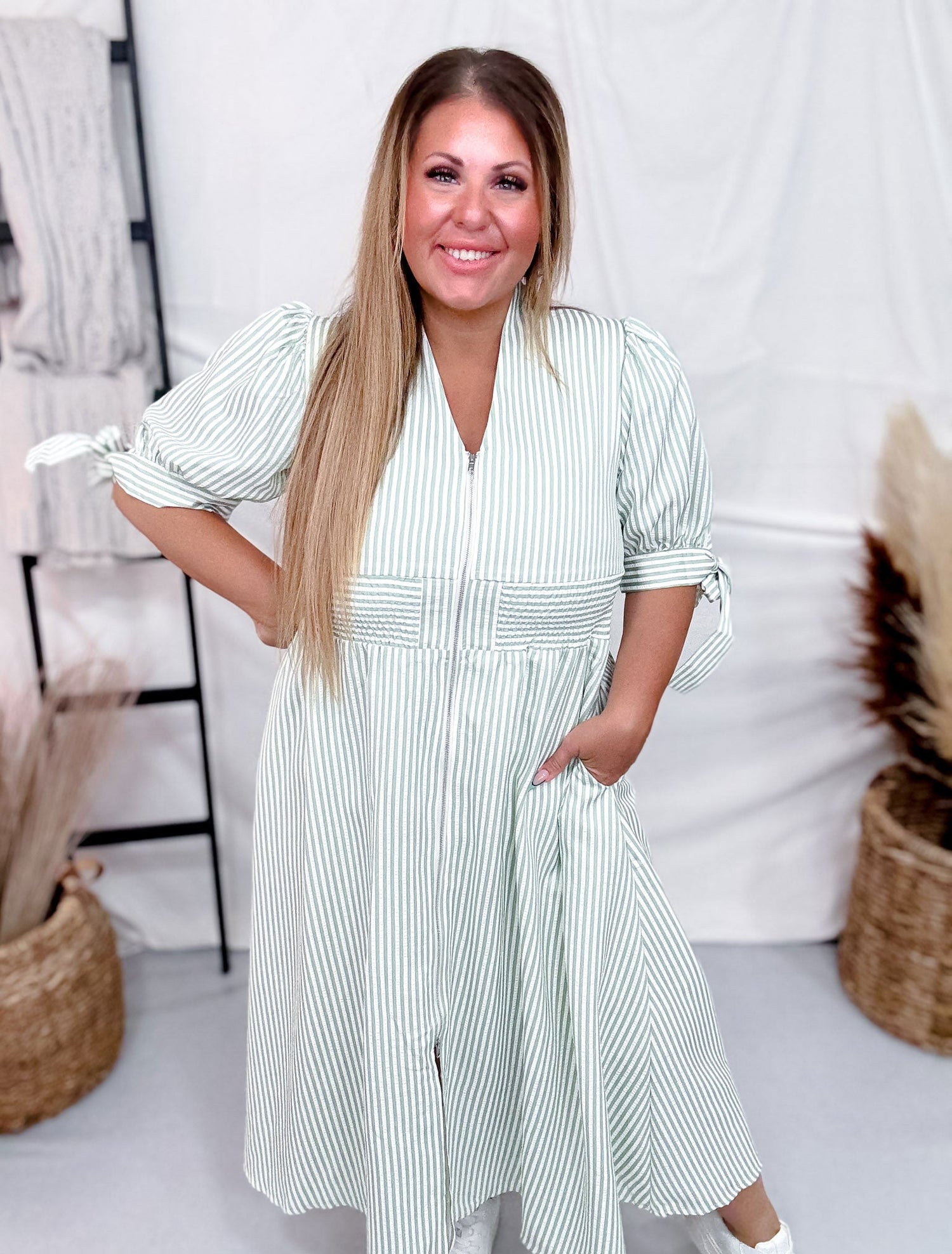 sage and cream dress The Reyne Patterned Puff Sleeve Dress in Cream + Sage