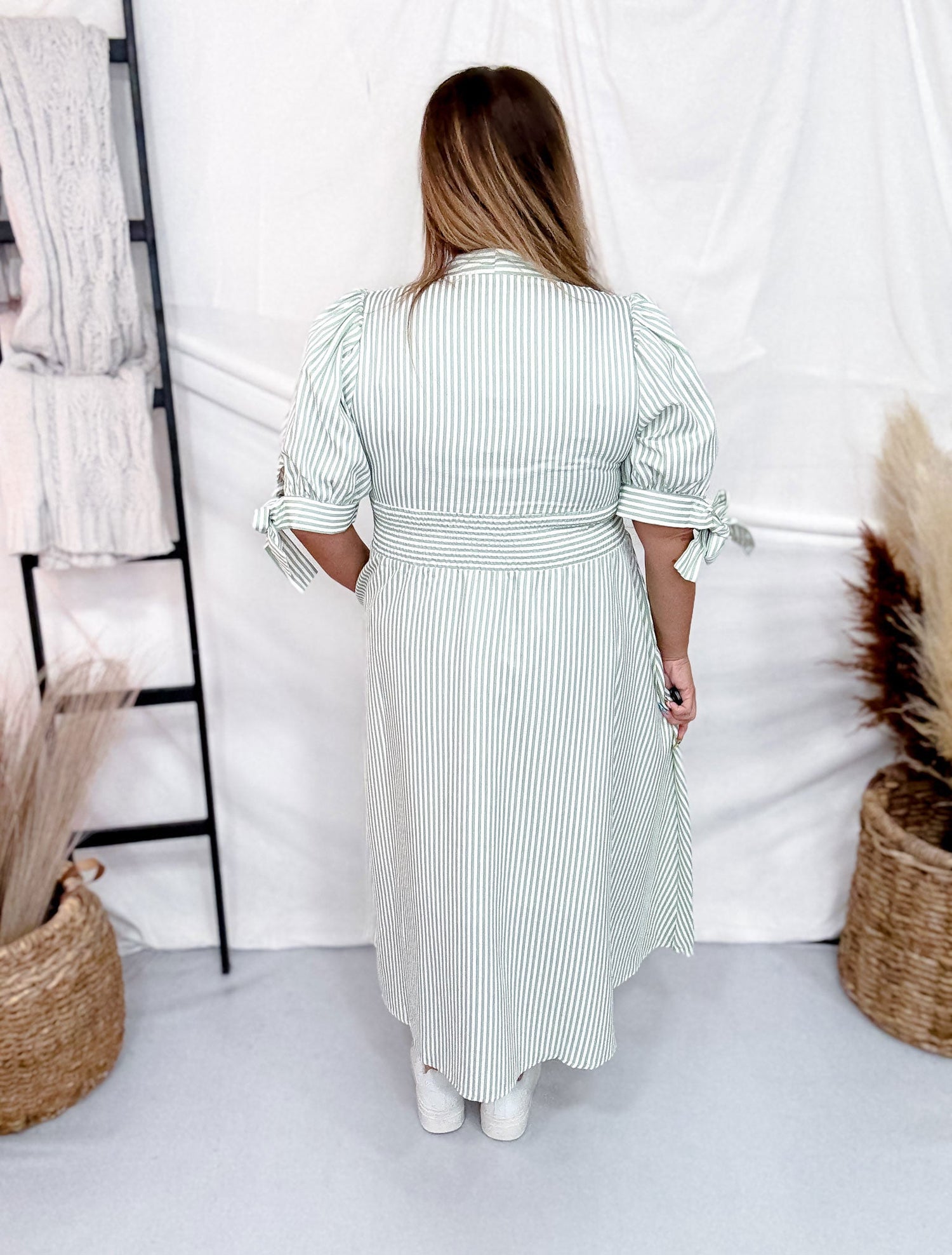 Sage and Cream Striped Textured Dress With Smocked Waist
