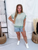 Sage & Cream Striped Knit Short Sleeve Top With Lace Trim - Whiskey Skies - BIBI