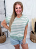 Sage & Cream Striped Knit Short Sleeve Top With Lace Trim - Whiskey Skies - BIBI