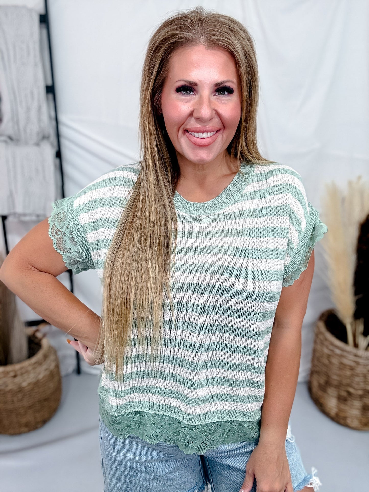 Sage & Cream Striped Knit Short Sleeve Top With Lace Trim - Whiskey Skies - BIBI