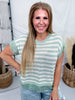 Sage & Cream Striped Knit Short Sleeve Top With Lace Trim - Whiskey Skies - BIBI