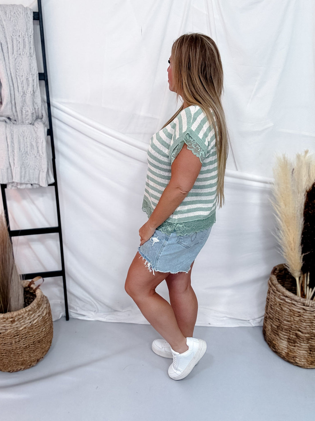 Sage & Cream Striped Knit Short Sleeve Top With Lace Trim - Whiskey Skies - BIBI