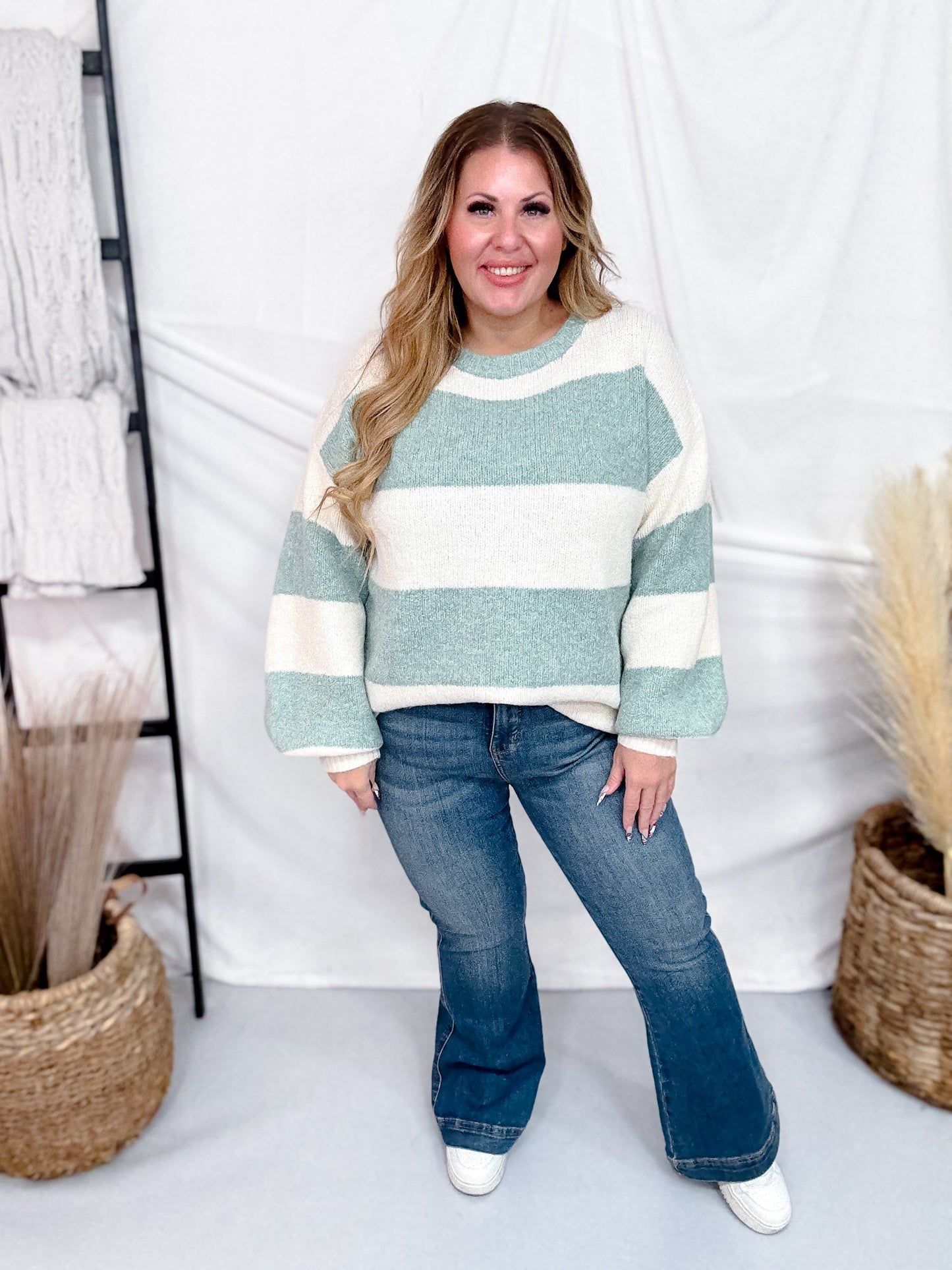 Sage & Cream Striped Soft Knit Long Sleeve Sweater - Whiskey Skies - COZY CO