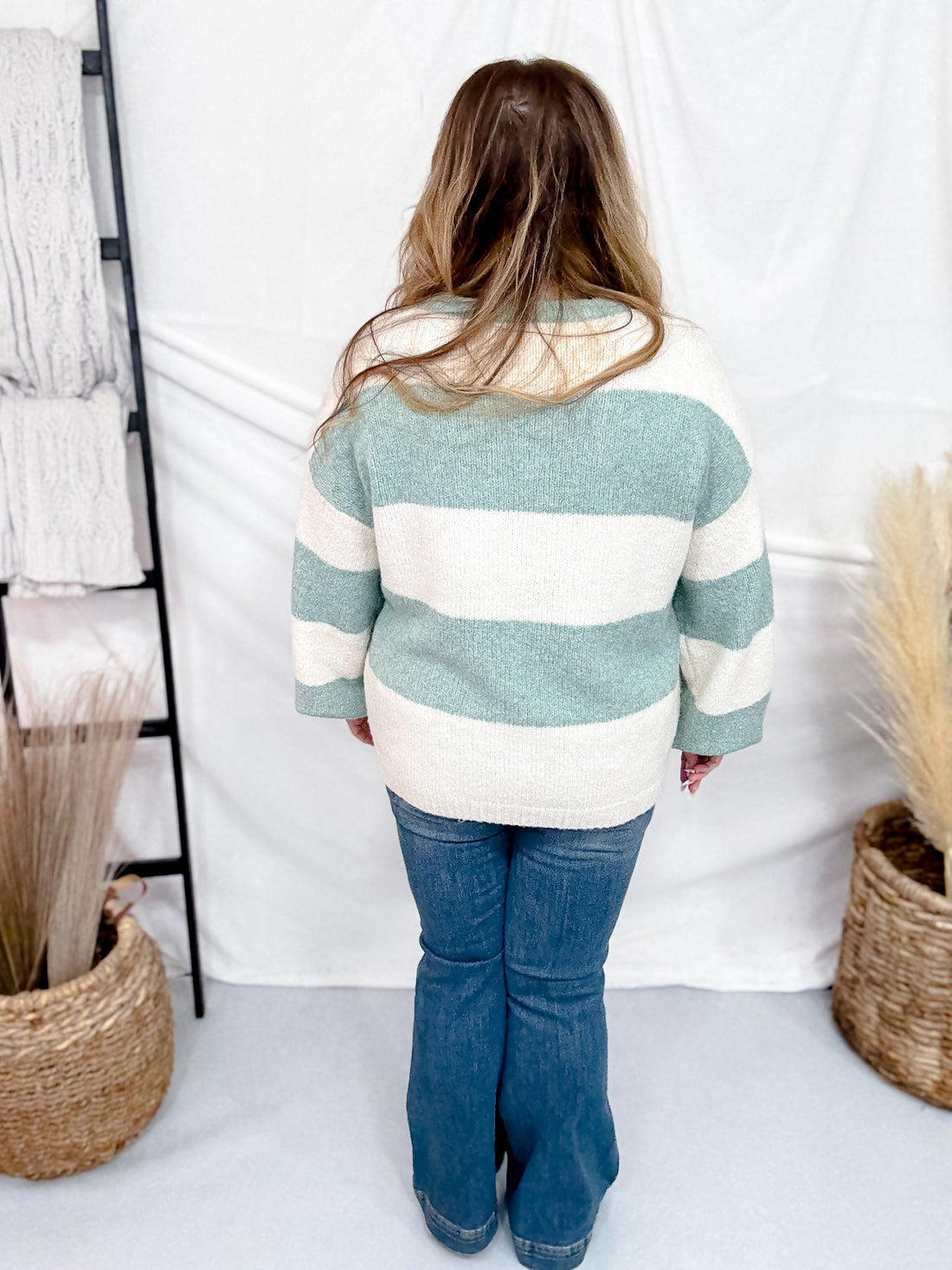 Sage & Cream Striped Soft Knit Long Sleeve Sweater - Whiskey Skies - COZY CO