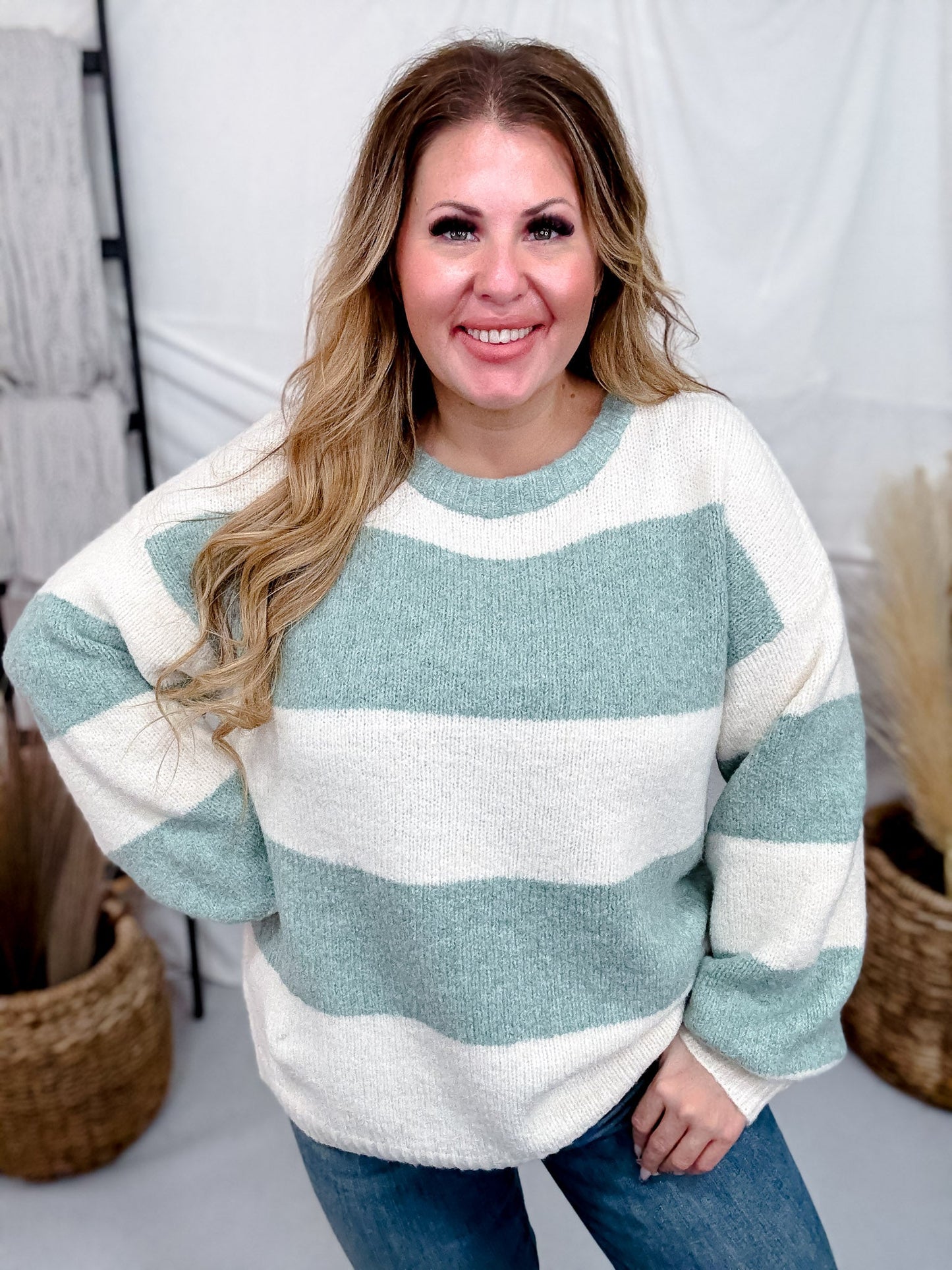 Sage & Cream Striped Soft Knit Long Sleeve Sweater - Whiskey Skies - COZY CO