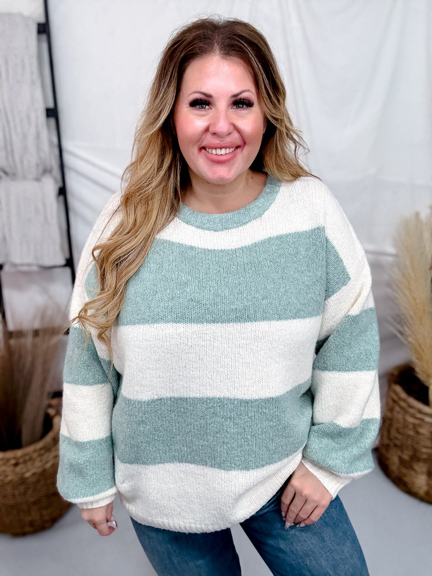 Sage & Cream Striped Soft Knit Long Sleeve Sweater - Whiskey Skies - COZY CO