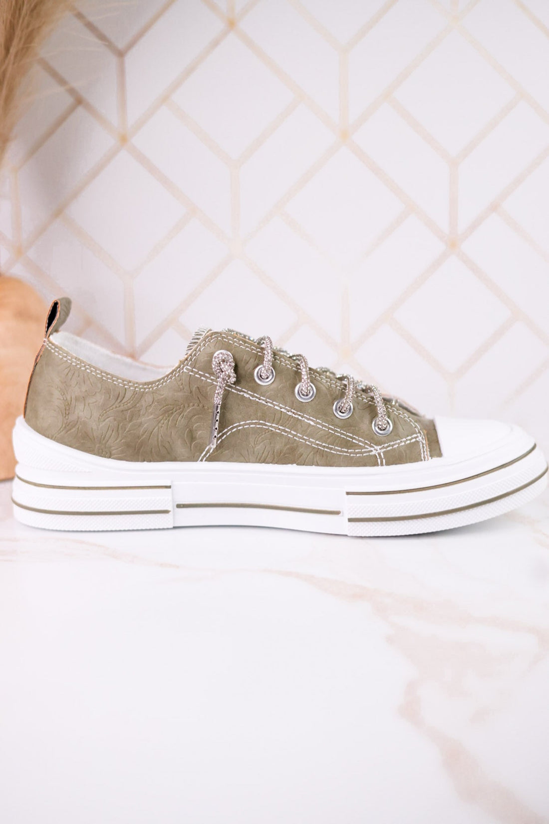 Sage Faux Leather Aman Sneakers With Floral Tooling - Whiskey Skies - VERY G