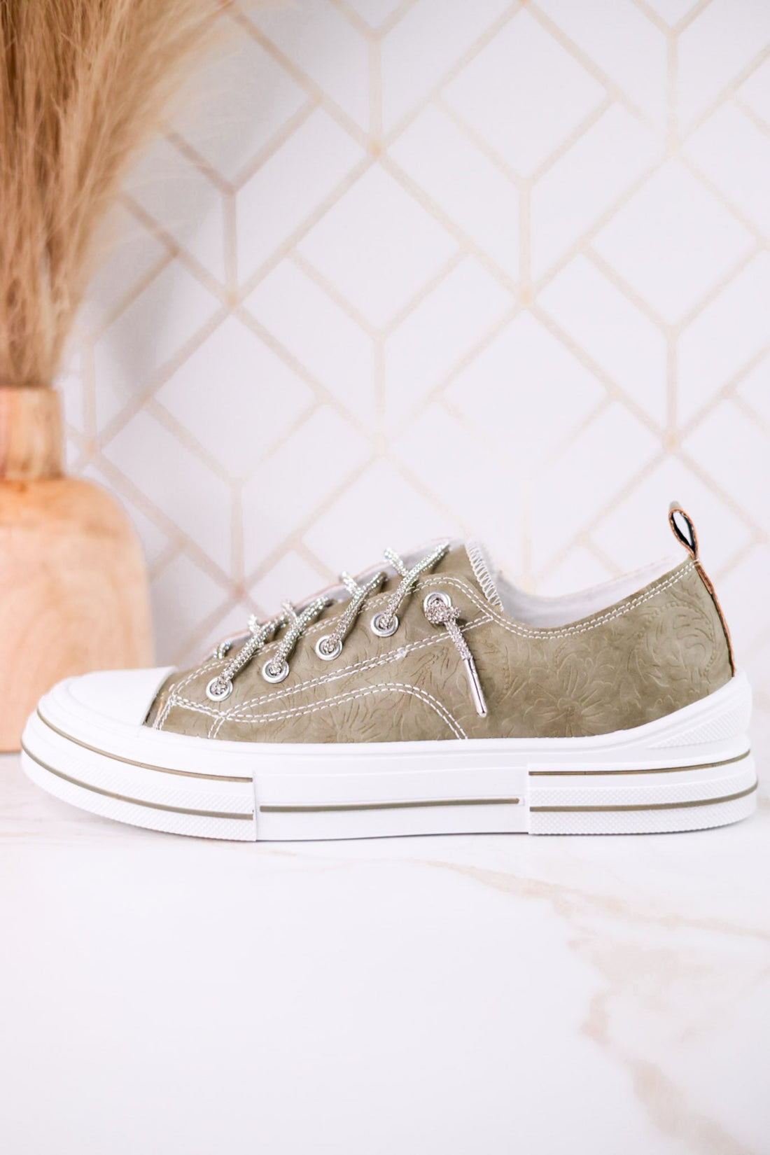 Sage Faux Leather Aman Sneakers With Floral Tooling - Whiskey Skies - VERY G