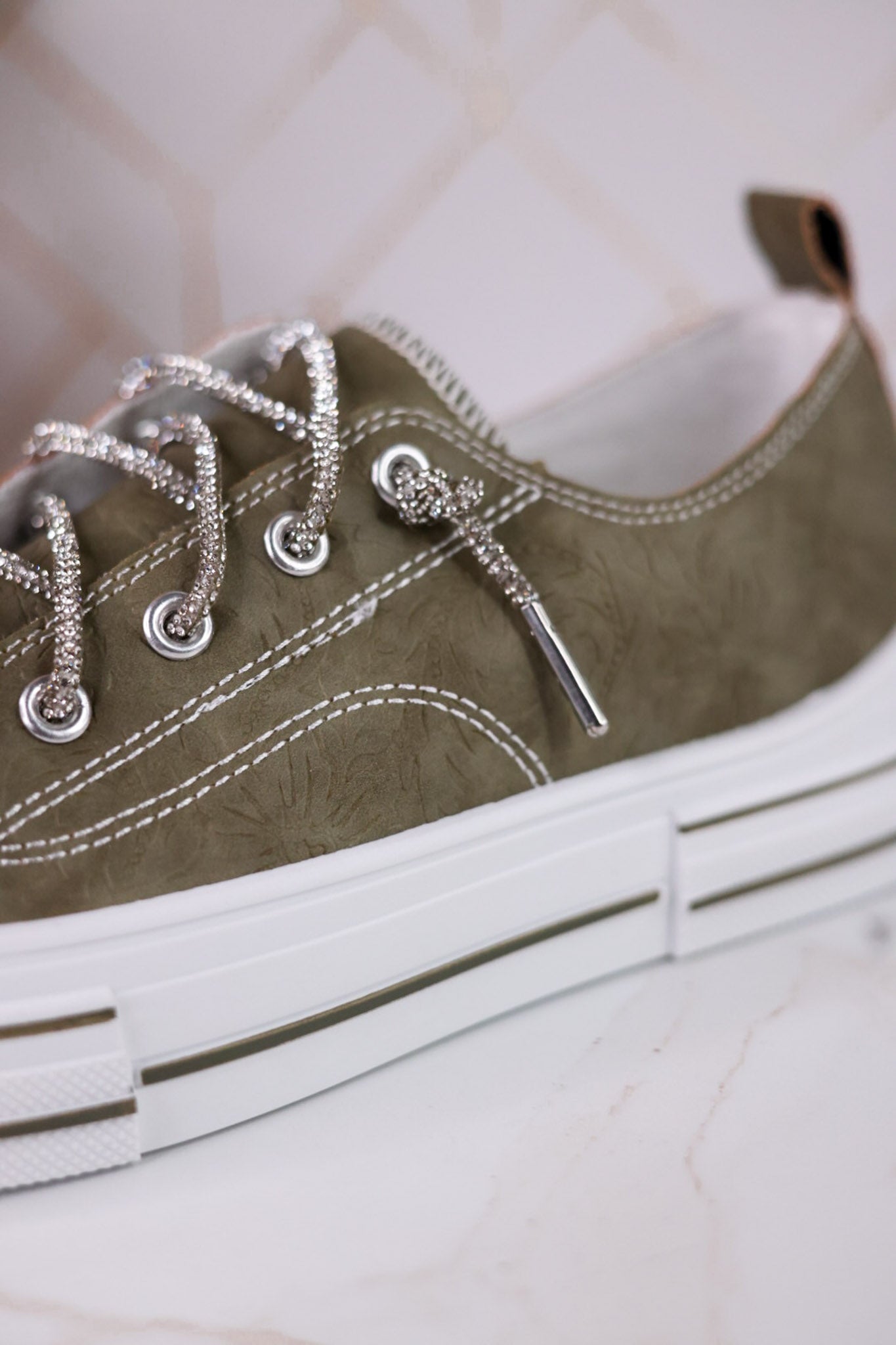 Sage Faux Leather Aman Sneakers With Floral Tooling - Whiskey Skies - VERY G