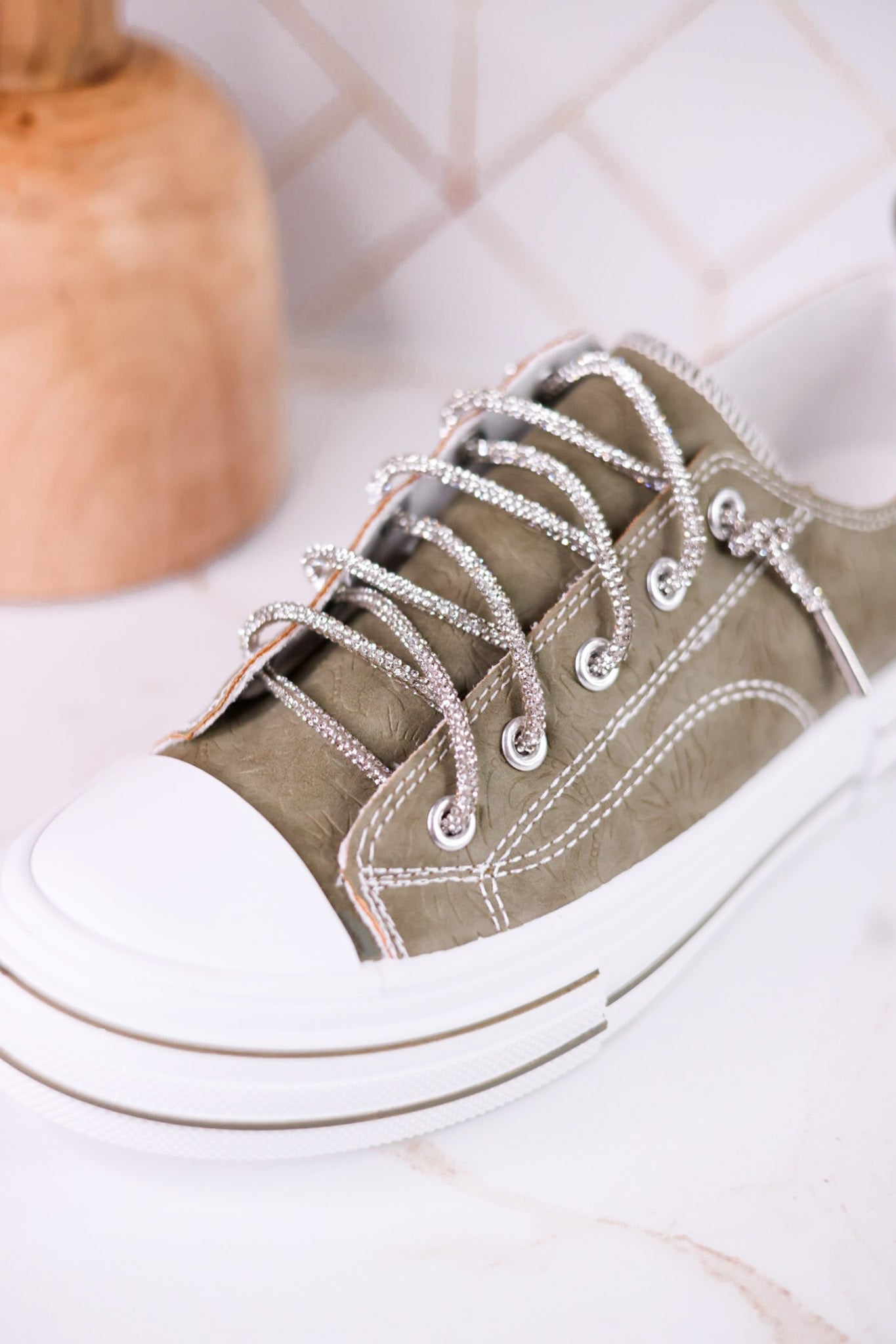 Sage Faux Leather Aman Sneakers With Floral Tooling - Whiskey Skies - VERY G