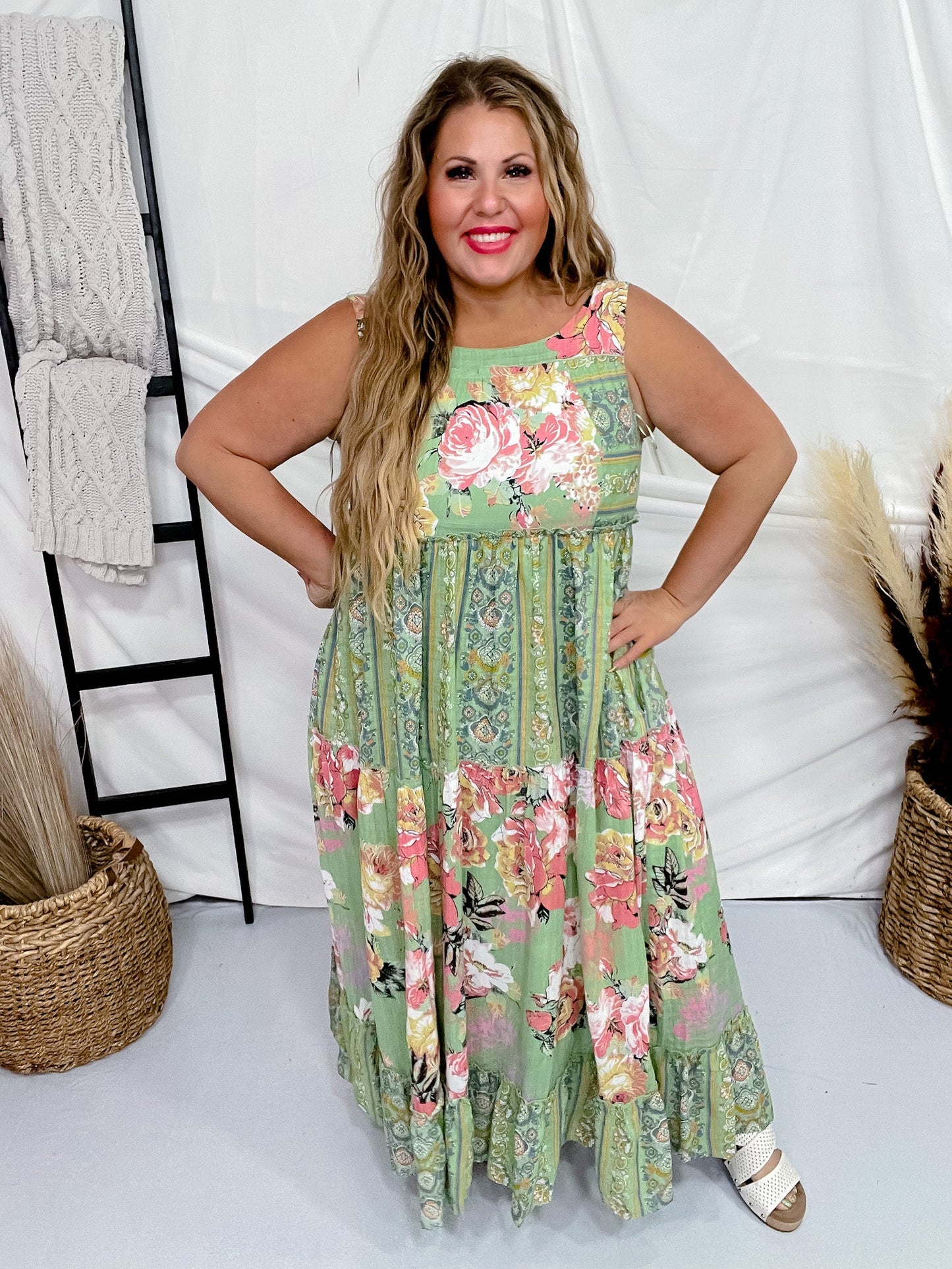 Sage Floral Boho Maxi Dress - Whiskey Skies - DAVI & DANI