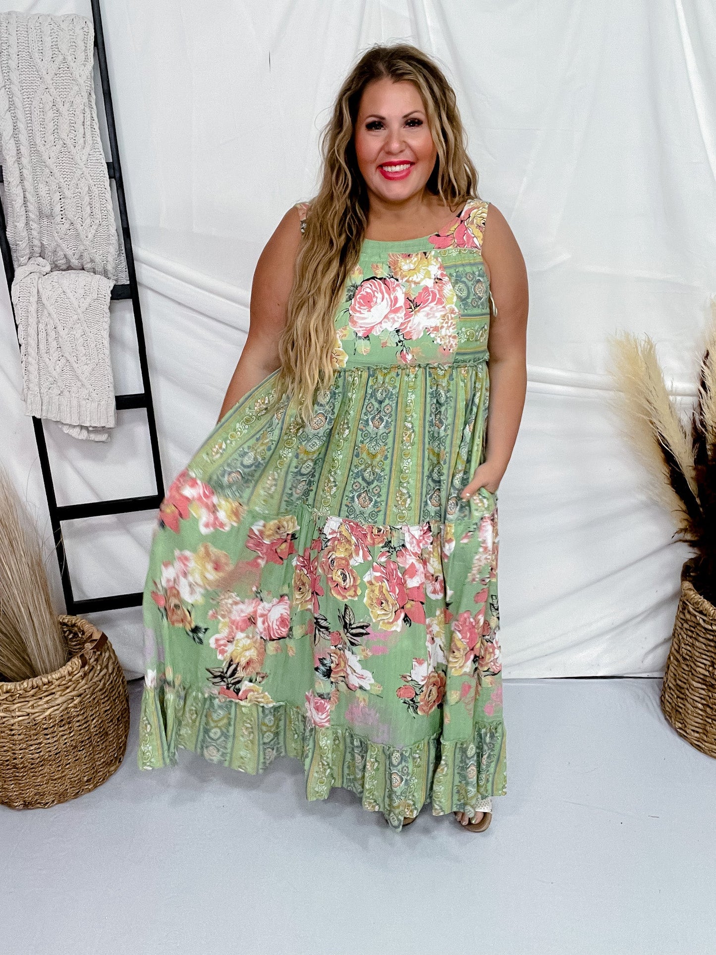 Sage Floral Boho Maxi Dress - Whiskey Skies - DAVI & DANI