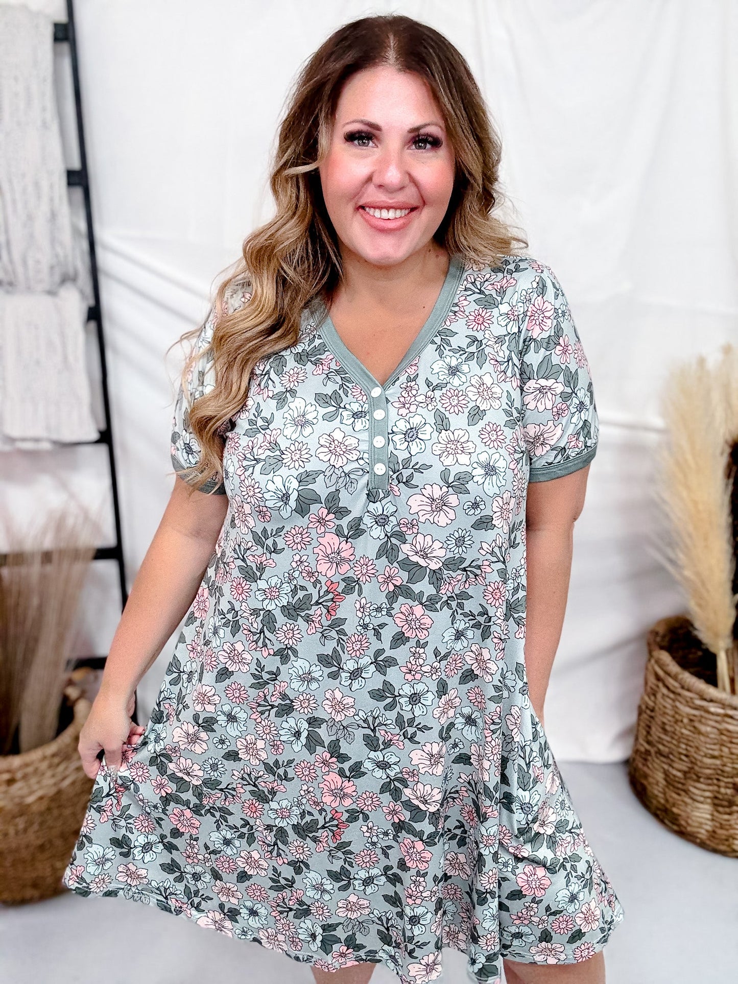 Sage Floral Loungewear Night Dress - Whiskey Skies - SHIRLEY & STONE