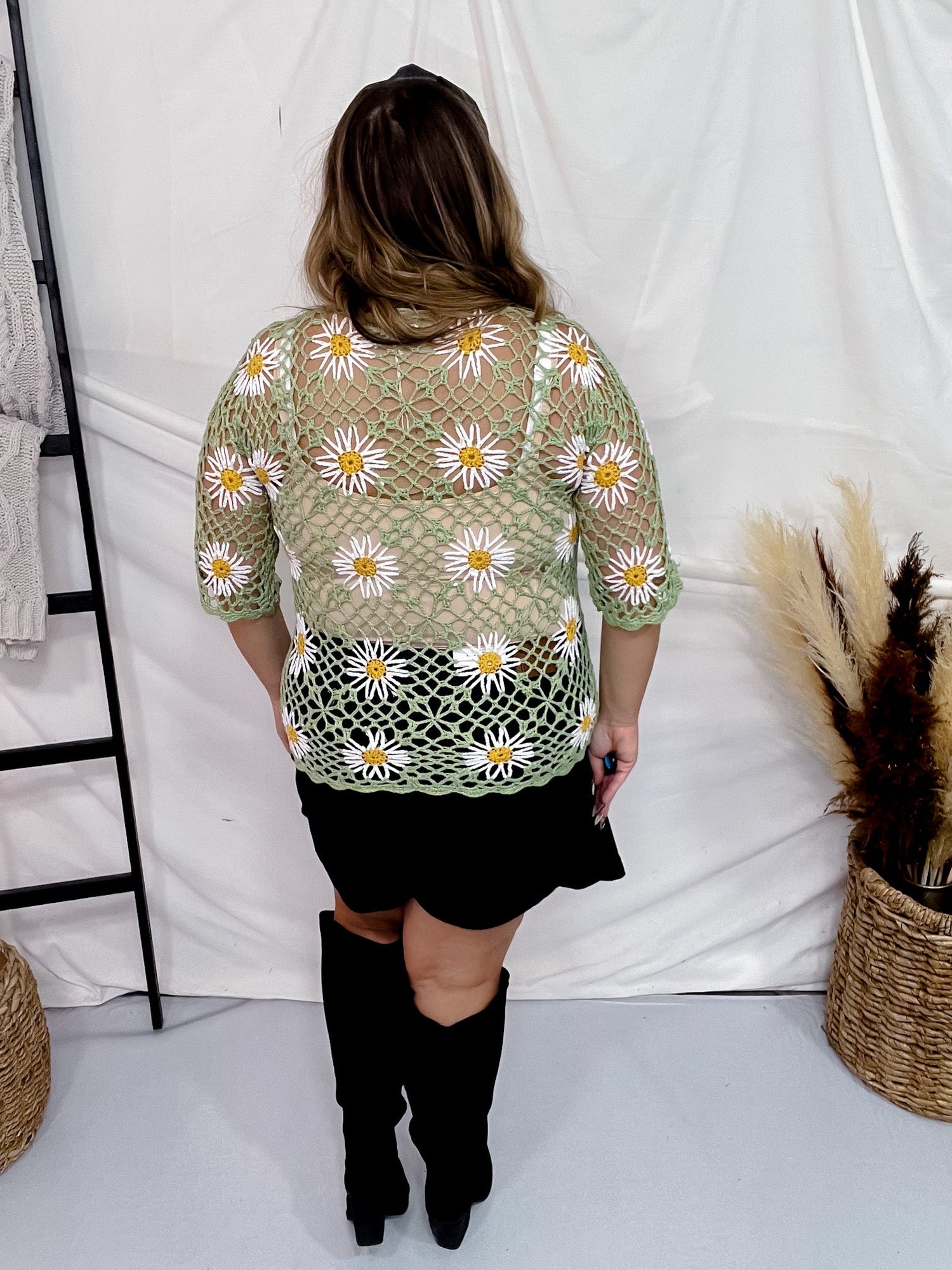 Women's Floral Print Lace Crochet Top - Short Sleeve Crewneck Loose Blouse, Green, X-Large