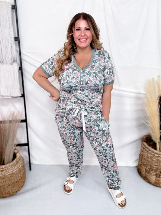 Sage Floral Short Sleeve Top & Joggers Loungewear Set - Whiskey Skies - SHIRLEY & STONE
