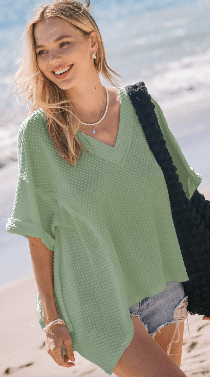 Sage Green Dotted Jaquard Knit Short Sleeve Top - Whiskey Skies - ODDI