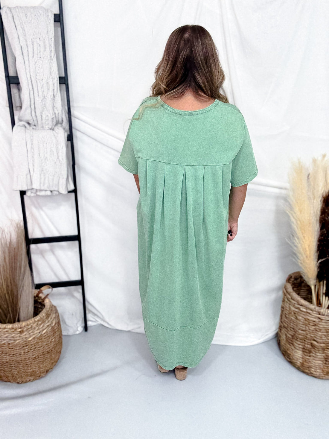 Sage Green Pleated Back Midi Shirt Dress - Whiskey Skies - DAVI & DANI