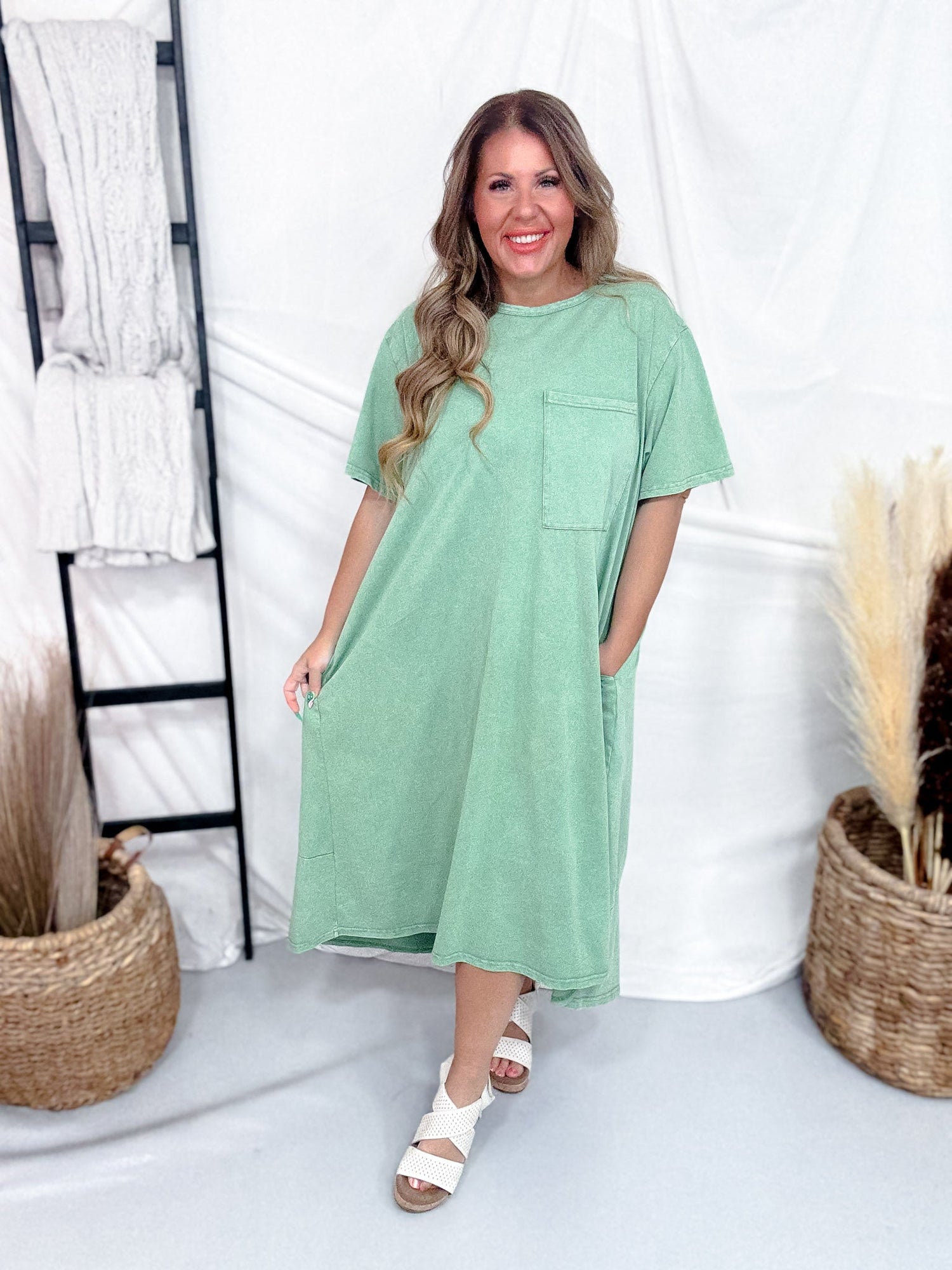 Sage Green Pleated Back Midi Shirt Dress Sage Green Pleated Back Midi Shirt Dress