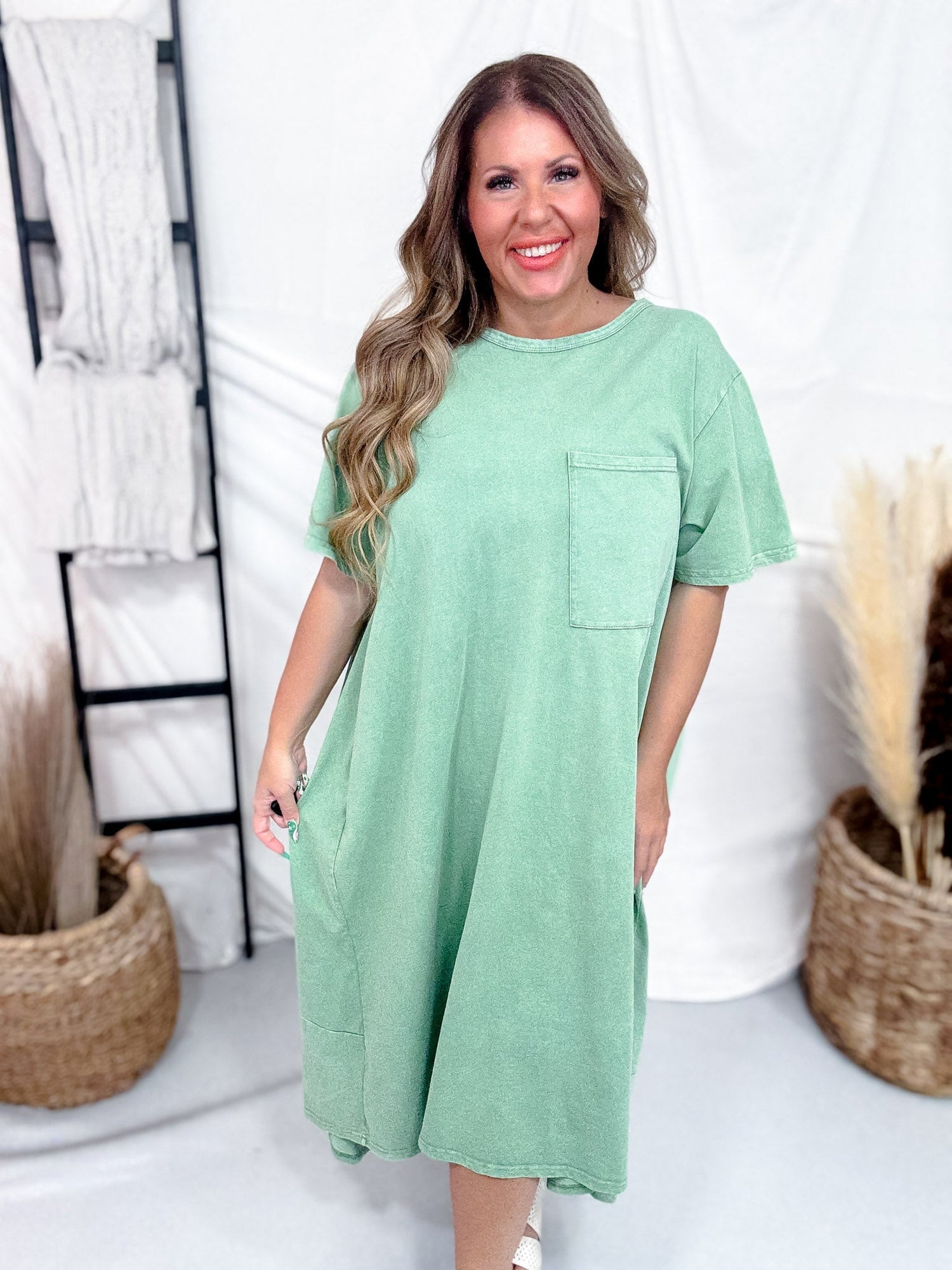 Sage Green Pleated Back Midi Shirt Dress - Whiskey Skies MEDIUM Sage Green Pleated Back Midi Shirt Dress - Whiskey Skies MEDIUM