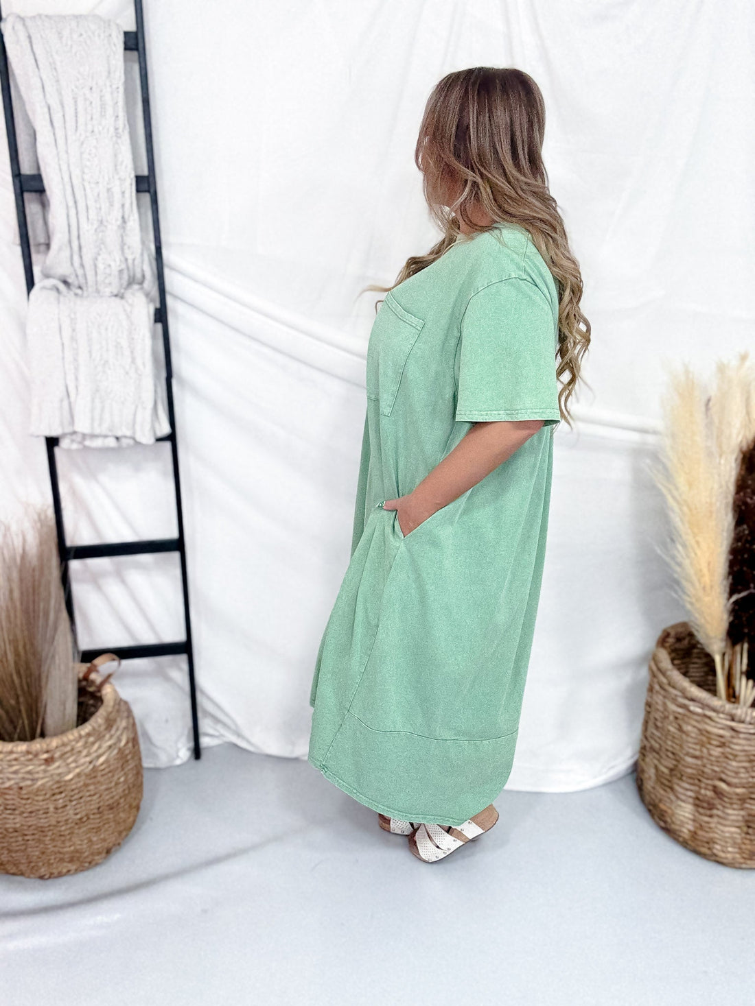 Sage Green Pleated Back Midi Shirt Dress - Whiskey Skies - DAVI & DANI
