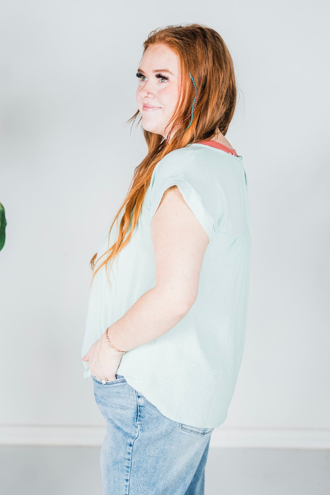 Sage Green Round Neck Babydoll Top with Banded Sleeves - Whiskey Skies - ANDREE BY UNIT