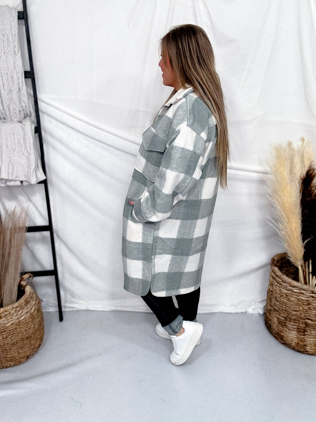 Sage Long Sleeve Checkered Print Jacket W/ Zip Up Front - Whiskey Skies - WHITE BIRCH