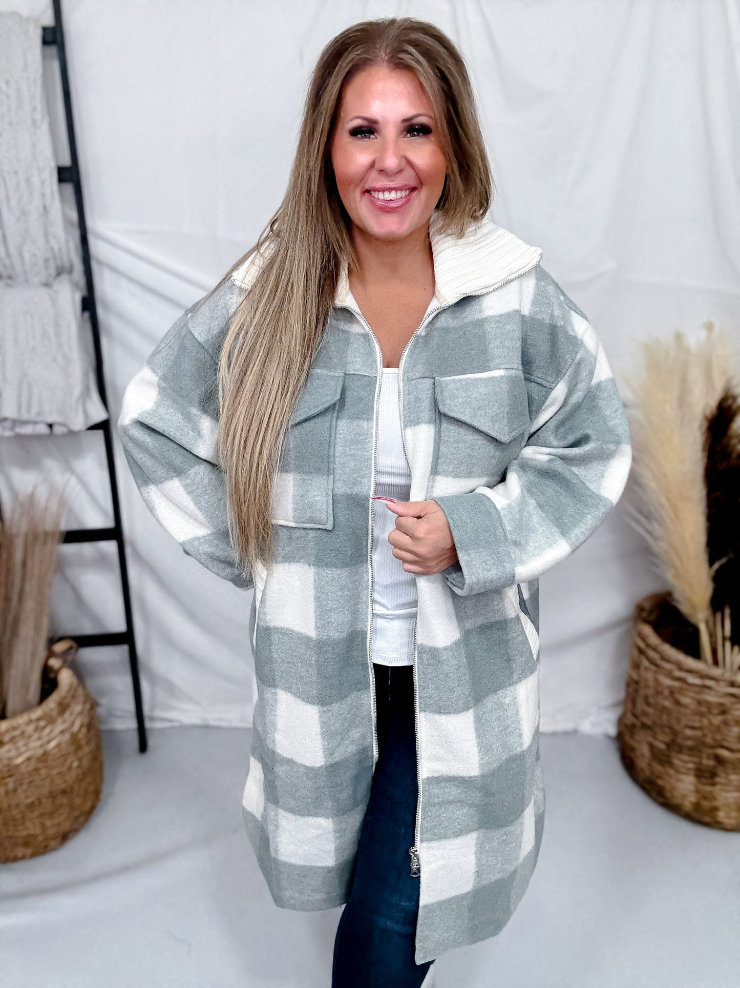 Sage Long Sleeve Checkered Print Jacket W/ Zip Up Front - Whiskey Skies - WHITE BIRCH