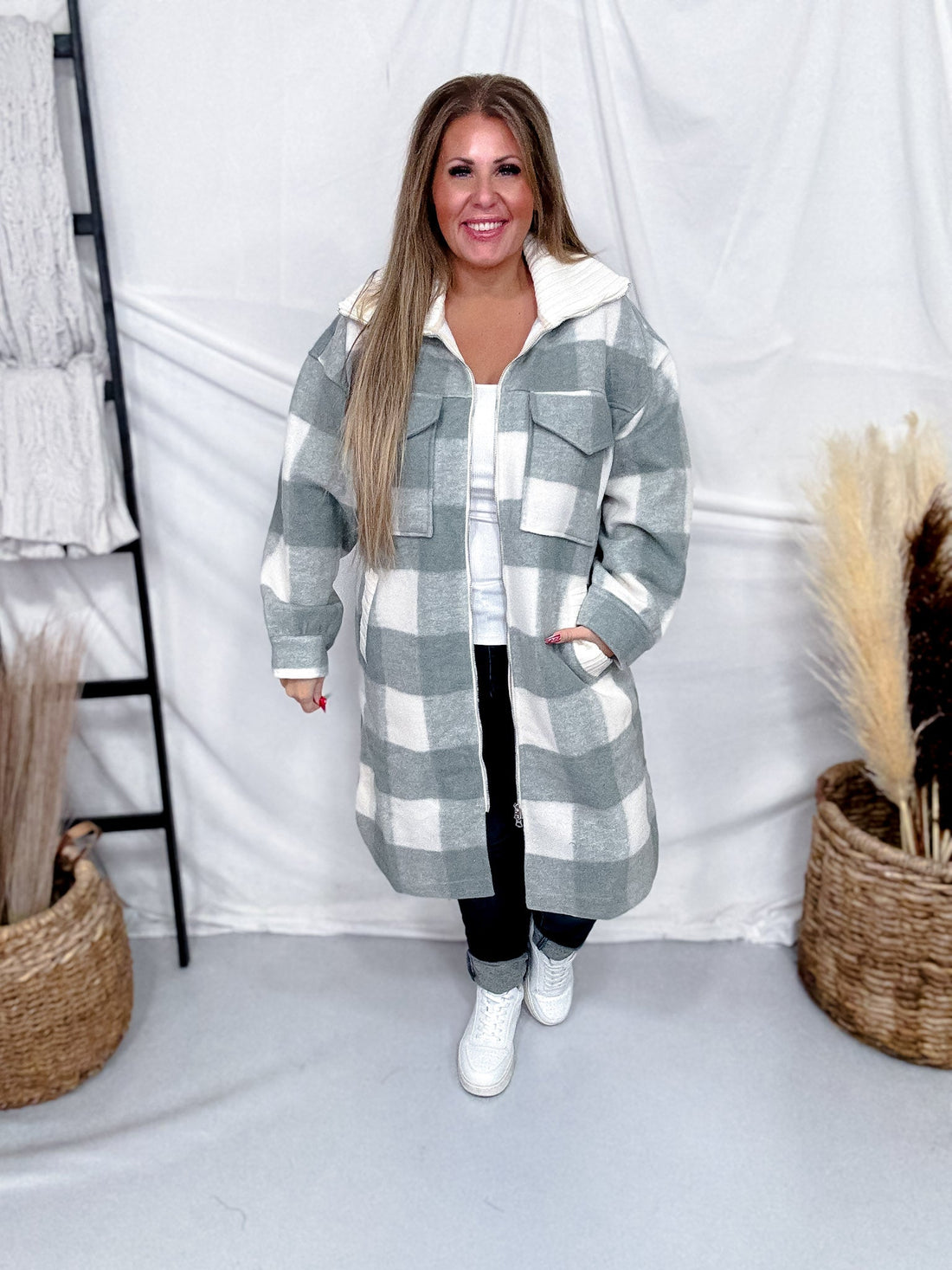 Sage Long Sleeve Checkered Print Jacket W/ Zip Up Front - Whiskey Skies - WHITE BIRCH